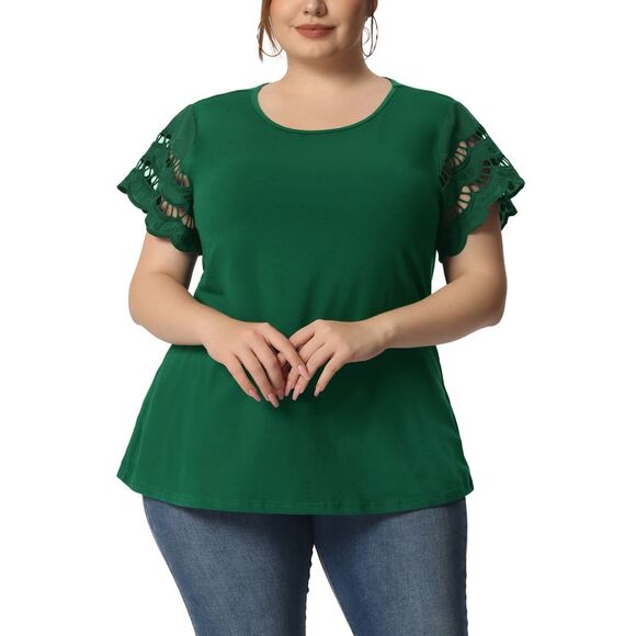 Women's Plus Size Tops Lace Panel Short Sleeve Top Dark Green - Picture 1 of 6